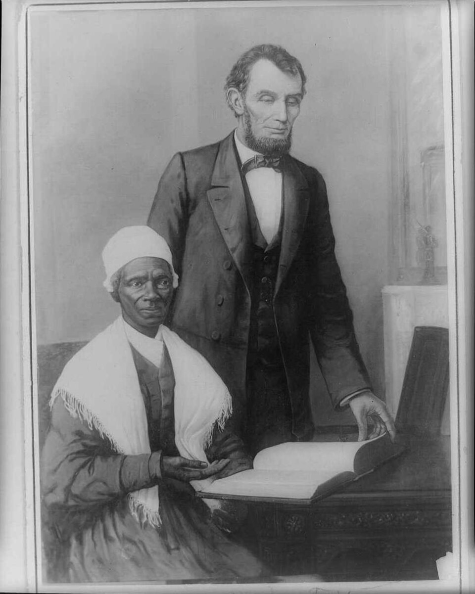 A. Lincoln showing Sojourner Truth the Bible presented by colored people of Baltimore, Executive Mansion, Washington, D.C., Oct. 29, 1864 LCCN96522312