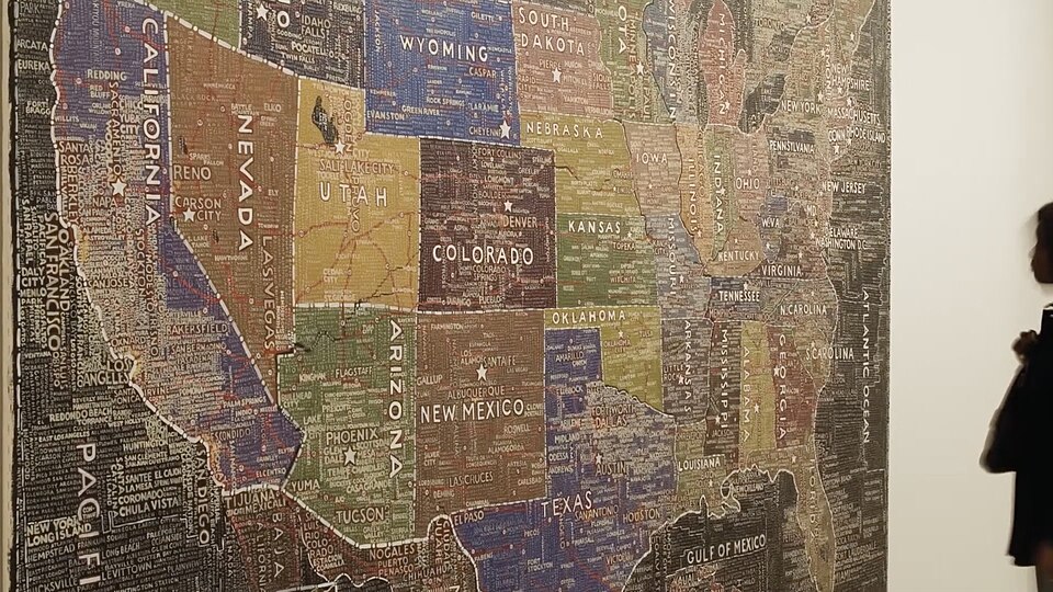 Painting of a map by Paula Scher on exhibit, detail