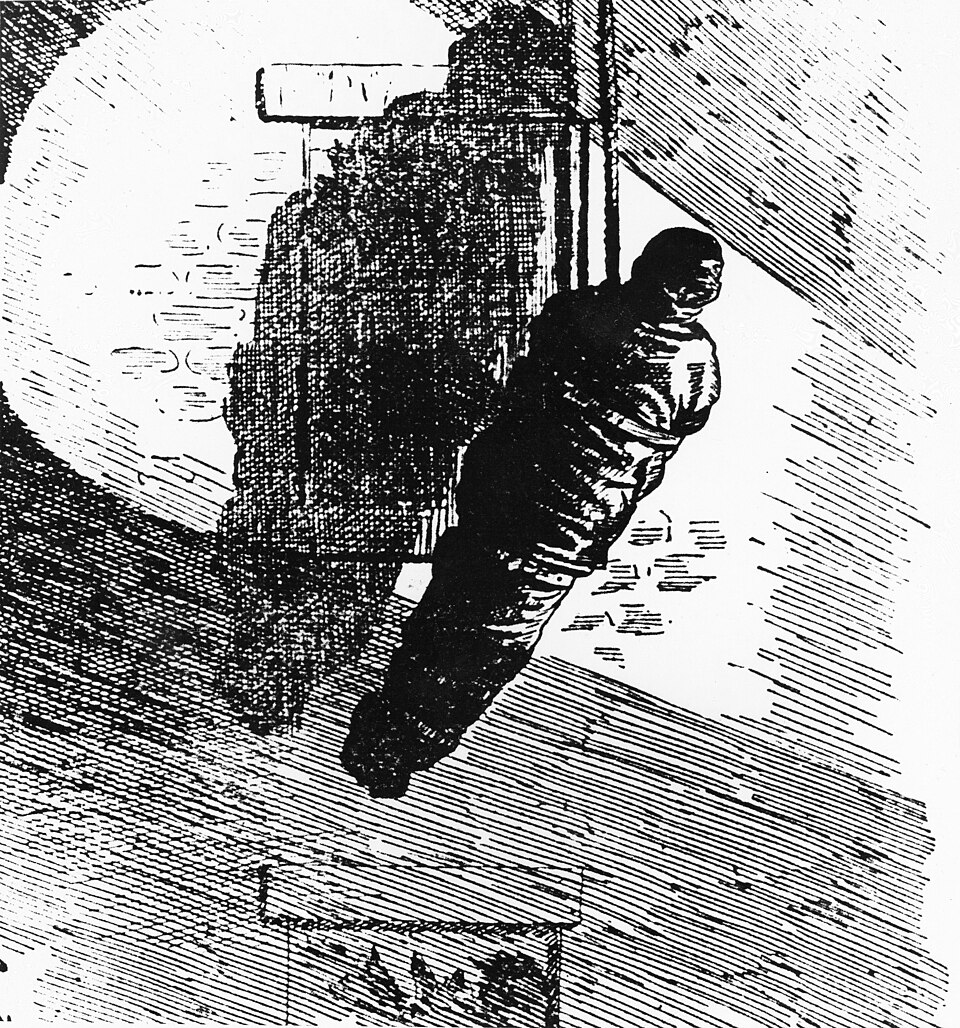 Illustration depicting a wrapped corpse being lowered by rope from the Asch Building following the Triangle fire (5279145839)