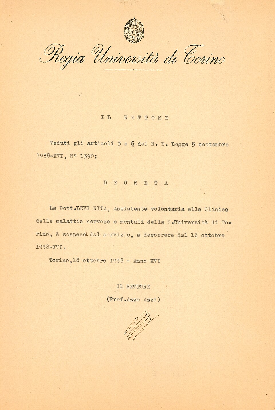 Espulsione di Rita Levi Montalcini, assistente volontaria