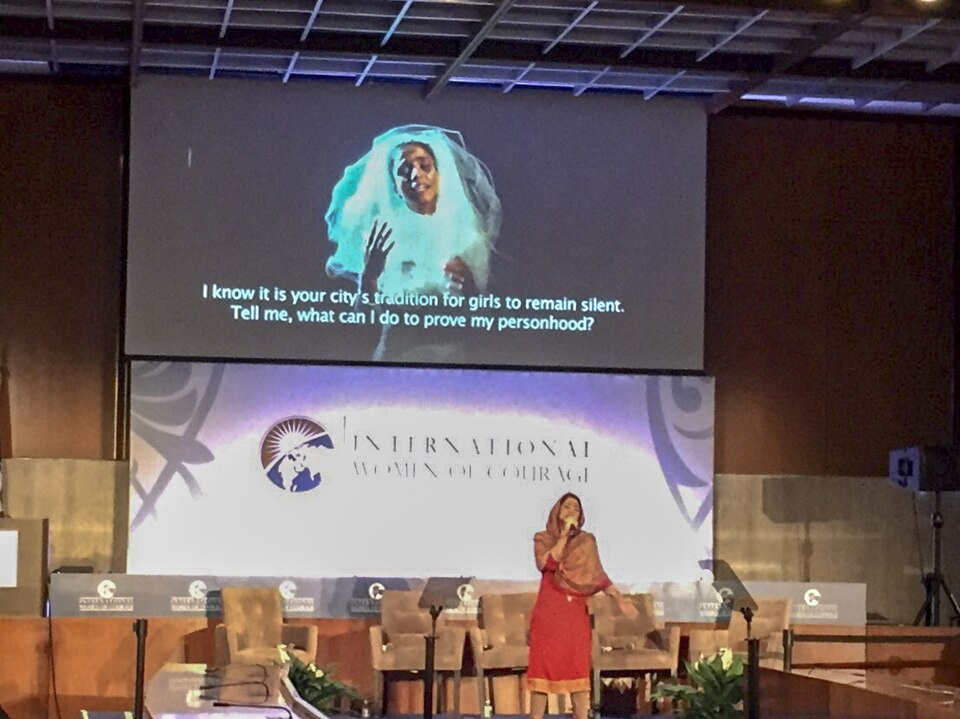 Afghan rapper Ms. Sonita Alizadeh performs at the International Women of Courage forum