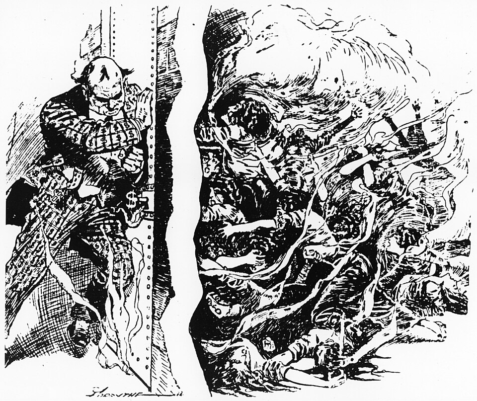 A cartoon referring to the Triangle fire depicts a factory owner, his coat bedecked with the dollar signs, holding a door closed while workers shut inside struggle to escape amid flames and smoke. (5279750340)